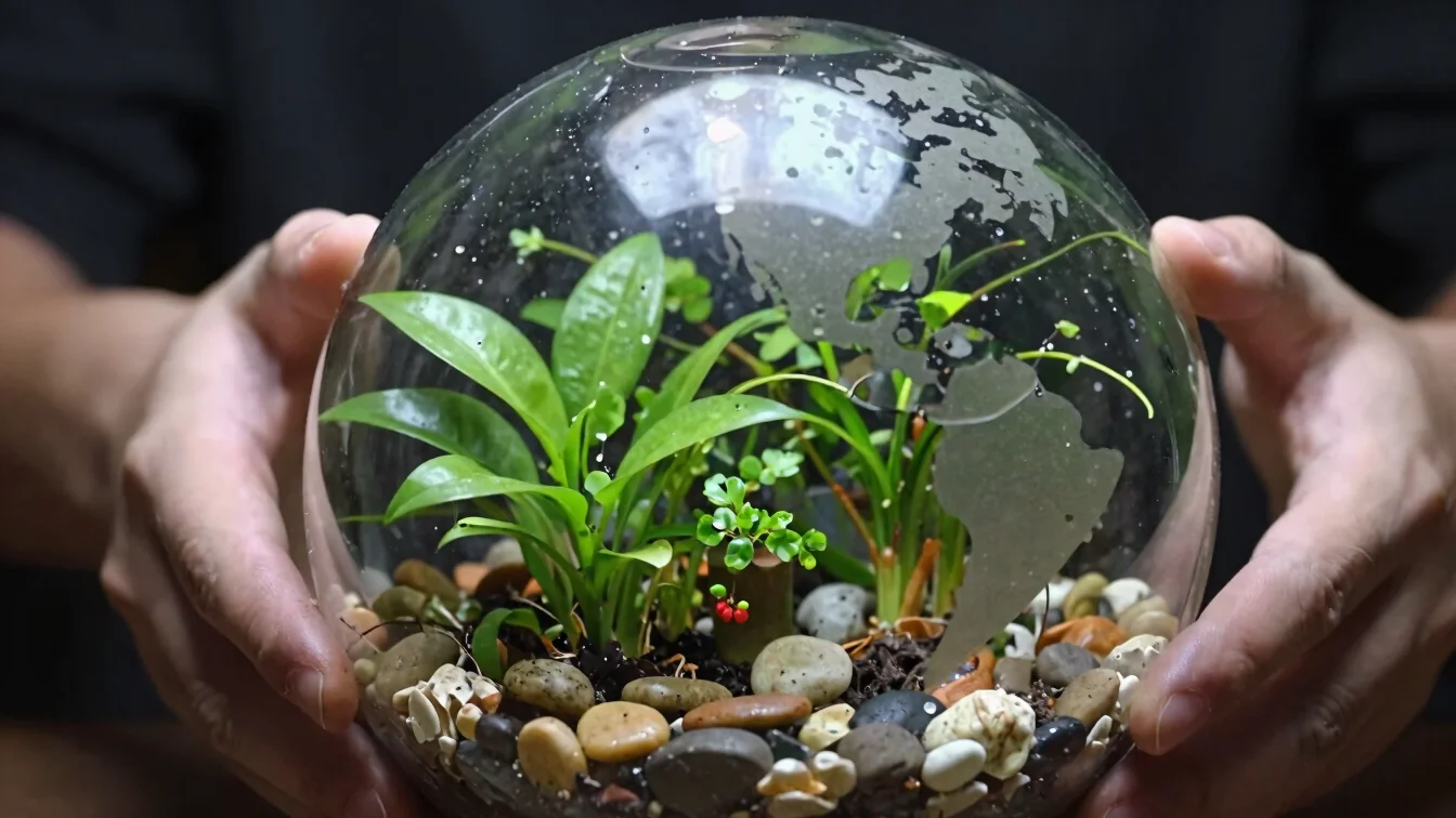 Macro editorial photo of a glass globe terrarium with small green