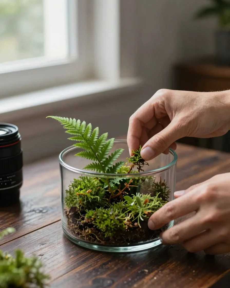 Hands carefully arranging tiny moss and fern pieces inside an ope