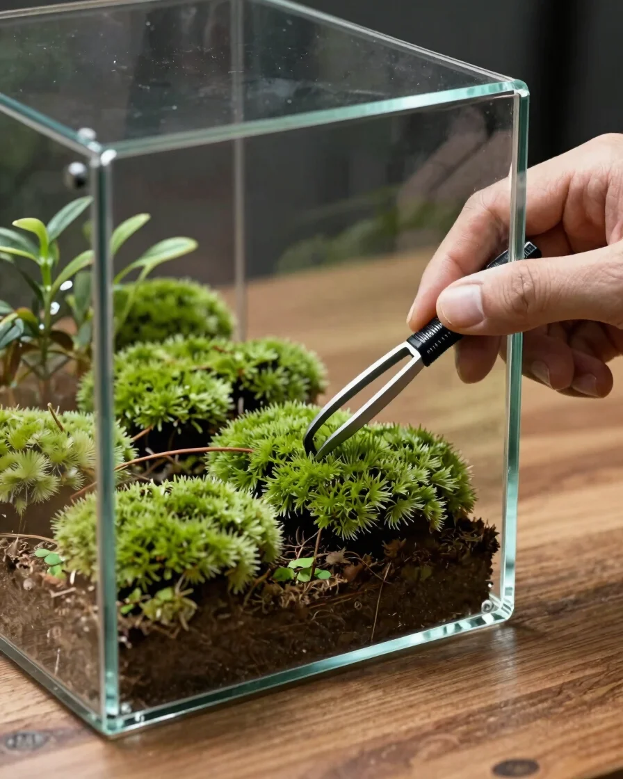 Mãos trabalhando em um mini terrário de vidro sobre bancada de madeira, pinças e musgos verdes espalhados, luz natural l