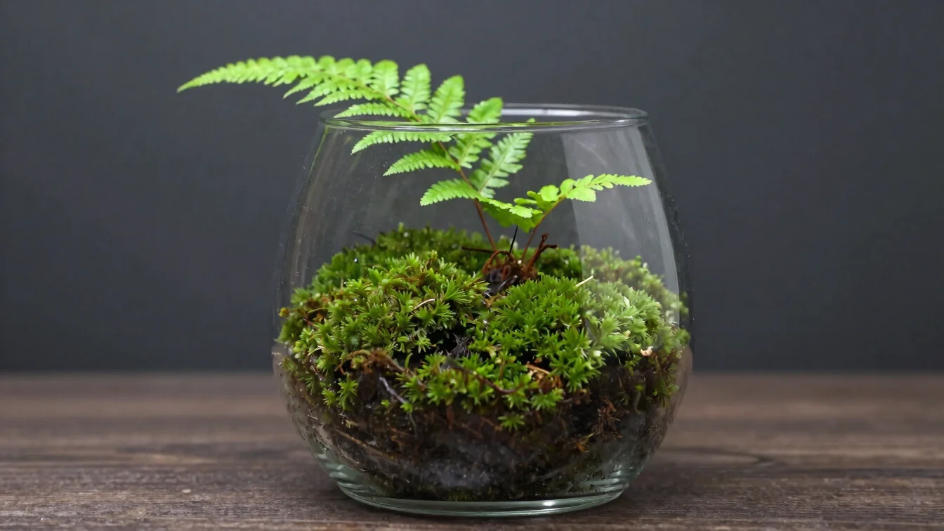 Macro editorial photo of a small glass terrarium with dense green